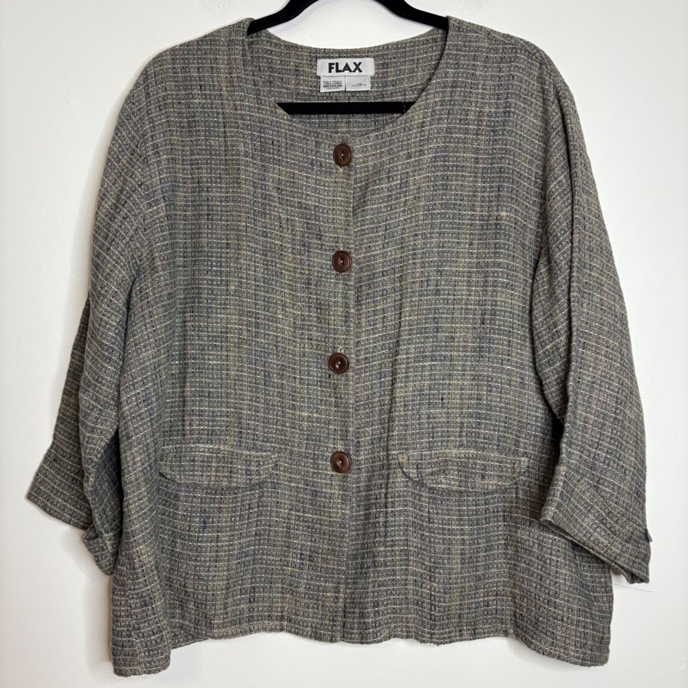 FLAX Linen Plaid‎ Button Front Jacket Women's Medium 3/4 Sleeve Textured